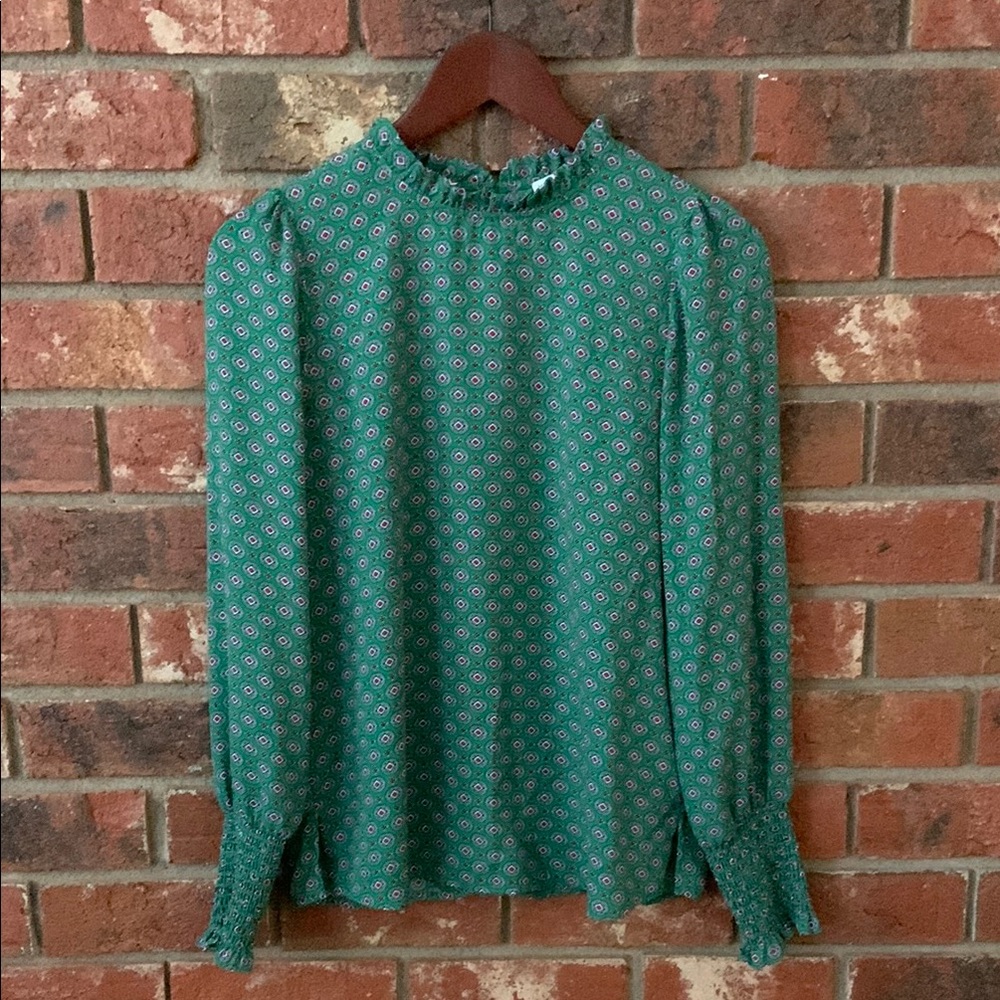 Green Floral Smocked Neck Long-Sleeve Blouse